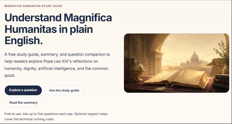 Humanitas Guide promotional image showing the plain-English study guide to Magnifica Humanitas with summary, themes, and question features.