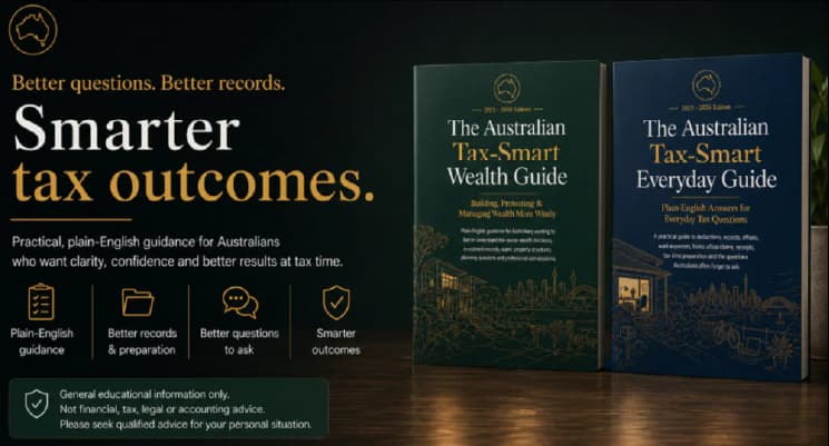 Tax Guide promotional image showing The Australian Tax-Smart Wealth Guide and Everyday Guide books with plain-English tax education messaging.