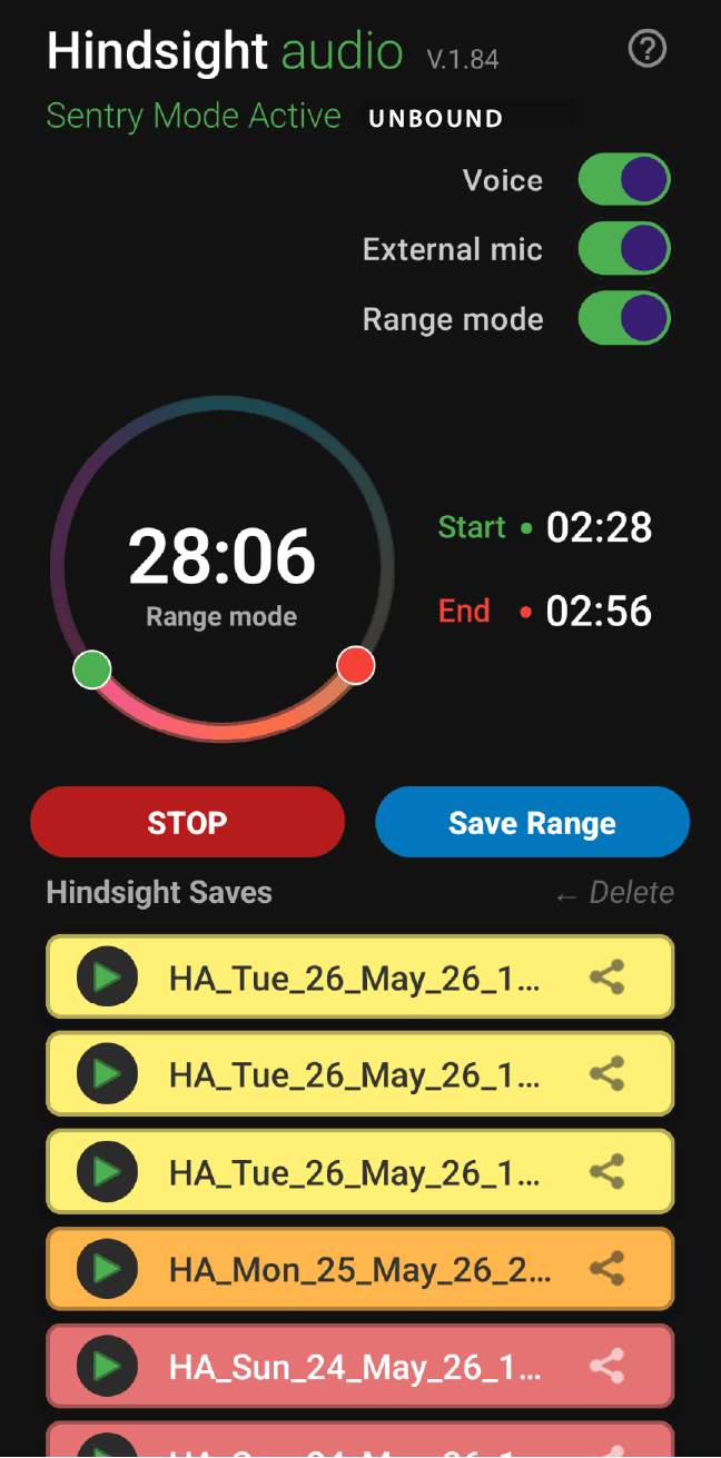 Hindsight Audio on Android in Range mode: circular buffer dial with start and end markers, STOP and Save Range buttons, voice and external mic toggles, and a list of saved recordings.